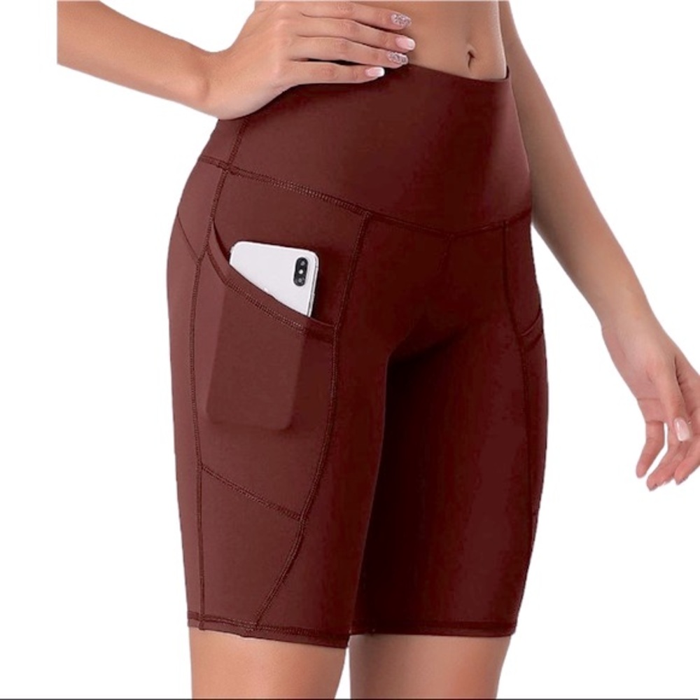 NEW! Yoga Shorts Side Pockets High Waist Tummy Control Workout Run Rust Medium